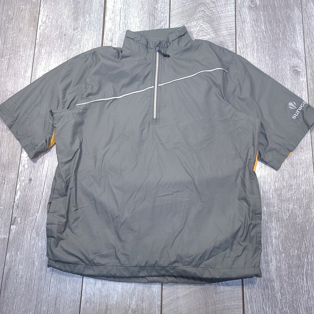 Sunice Golf Windshirt Men Medium Gray Yellow 1/4 Zip Short Sleeve Pullover